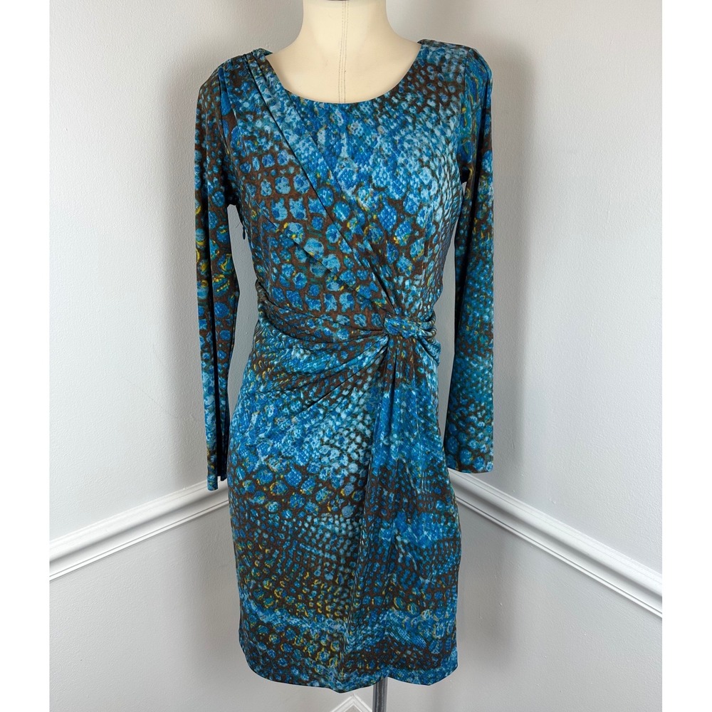 CALVIN KLEIN Long Sleeve Blue & Brown Snakeskin Print Ruched Waist Dress | 6